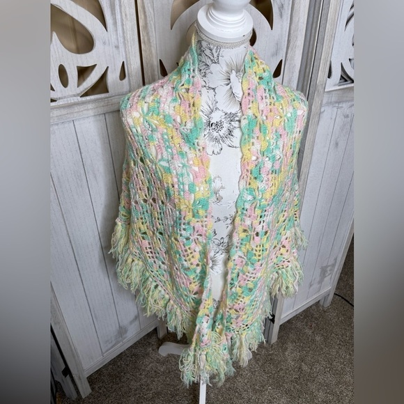 Vintage Hand Knitted Shawl Wrap Scarf Fringed Boho Pastel Colors - Picture 1 of 2